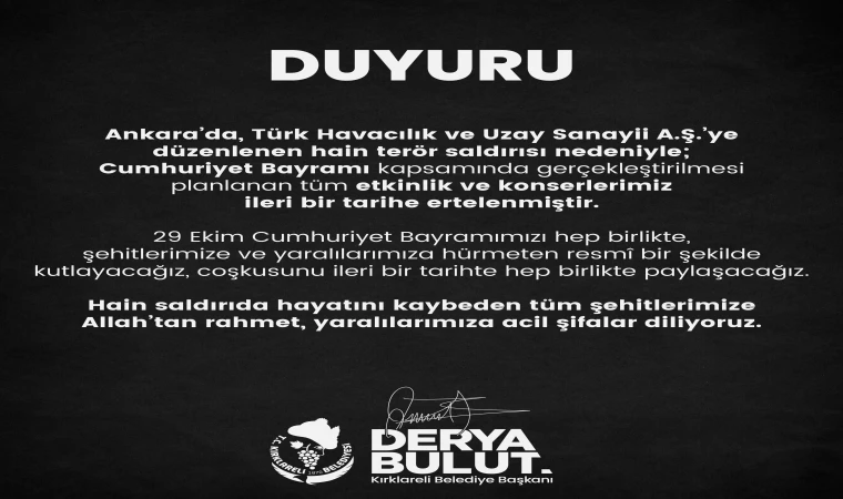 Kırklareli'de 29 Ekim Cumhuriyet Bayramı Etkinlikleri İleri Bir Tarihe Ertelendi