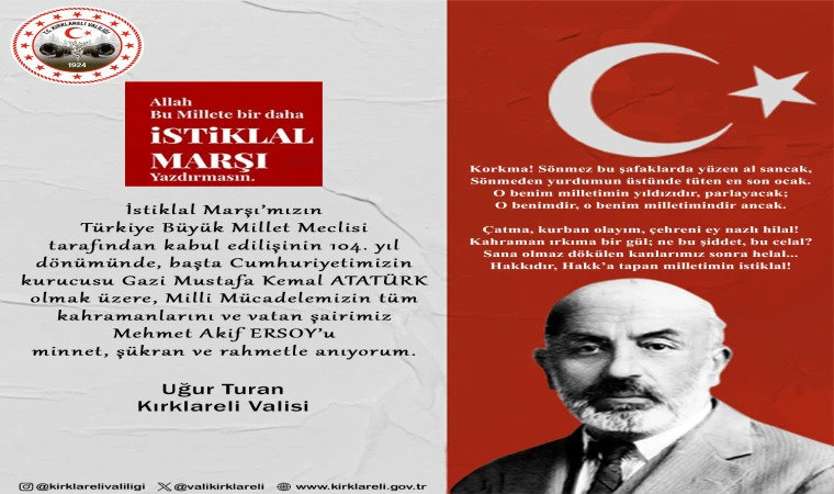 VALİ TURAN’IN 12 MART İSTİKLAL MARŞI’NIN KABULÜ VE MEHMET AKİF ERSOY’U ANMA GÜNÜ MESAJI